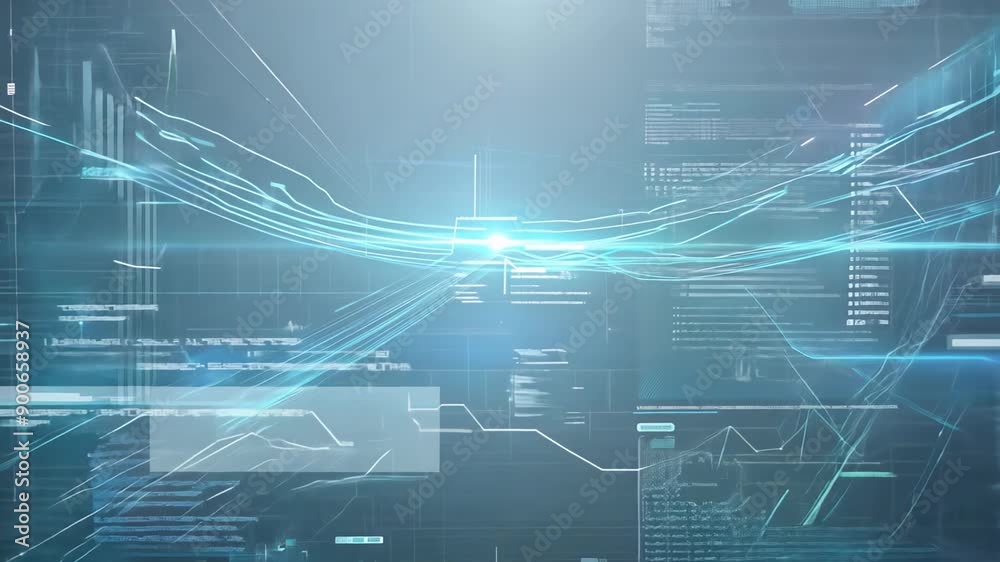 Complex digital interface with light streams and futuristic data panels in a cybernetic environment Complex digital interface with light streams and futuristic data panels in a cybernetic environment