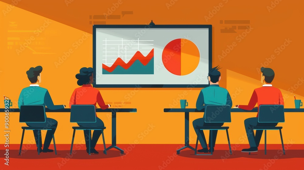 Illustration of analyst in conference room presenting graph to group using whiteboard and chairs in conference room. Design concept using solid color background. Illustration of analyst in conference room presenting graph to group using whiteboard and chairs in conference room. Design concept using solid color background.