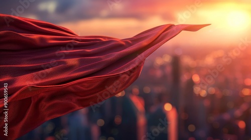 A flowing red cape against a vibrant sunset skyline, symbolizing strength and freedom in an urban landscape.