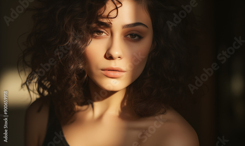 Woman with short curly dark hair, a light complexion, and a solemn expression, wearing natural makeup and a black sleeveless top.