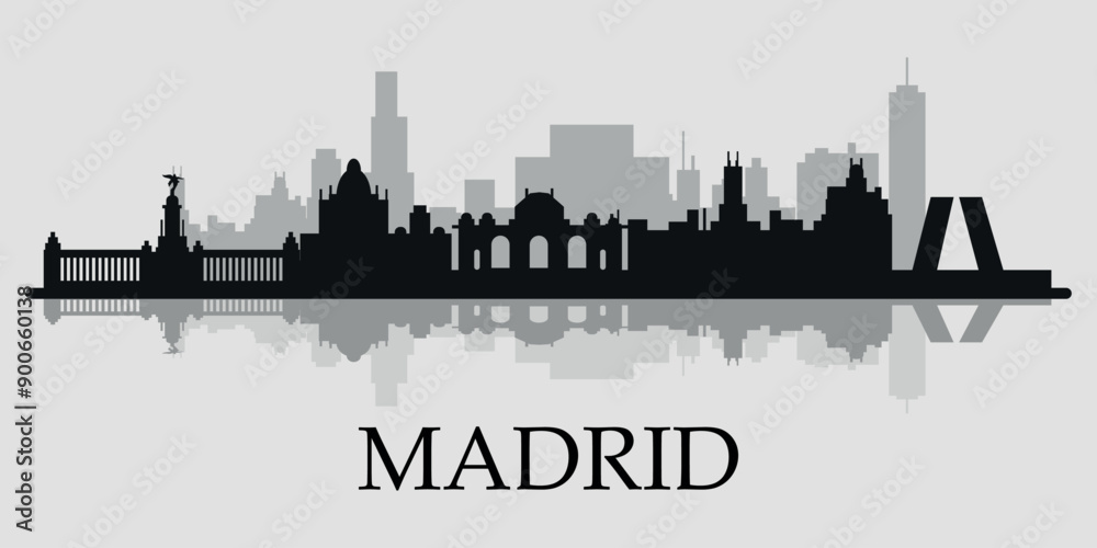 Naklejka premium The city skyline. Madrid. Silhouettes of buildings. Vector on a gray background 