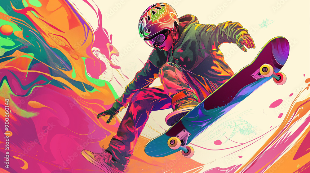 A vibrant and dynamic illustration of an extreme skateboarder, wearing colorful gear with intricate details, performing st aerialsc-body graffiti-style art on the background of futuristic city A vibrant and dynamic illustration of an extreme skateboarder, wearing colorful gear with intricate details, performing st aerialsc-body graffiti-style art on the background of futuristic city
