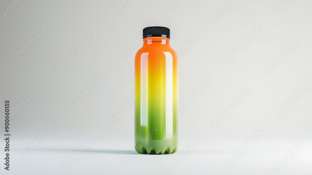 An orange, green and yellow gradient water bottle with black cap, white background