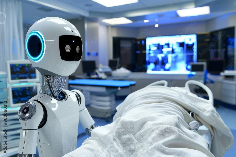 Medical robot assisting a doctor in a futuristic hospital Medical robot assisting a doctor in a futuristic hospital