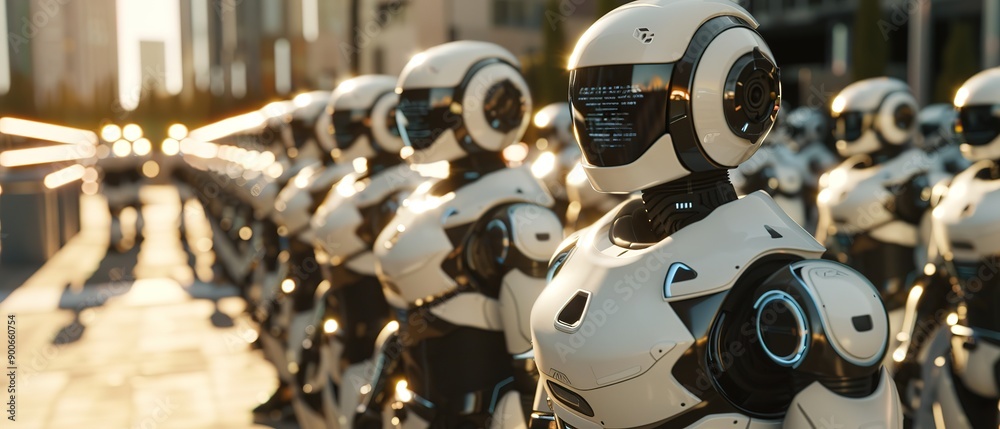 Fototapeta premium Illustration of a row of white robots with light shining from behind