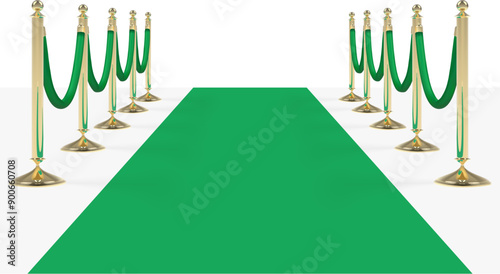 Green carpet with green ropes on golden stanchions. Vector illustration isolated on white background