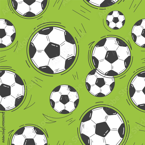 Vector seamless pattern with many soccer balls on bright green background. Football. Active leisure. Sports equipment icons. Cute childish print design. Funny hand drawn kids art. Cartoon illustration