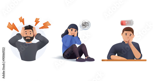 Set of busy people in stress and fatigue at work. Employees overloaded with business tasks. Office workers in anger and anxiety. Burnout concept. 3D graphic vector illustration isolated on white