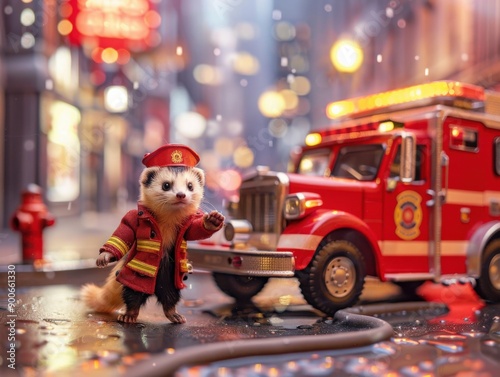 Toy dogs as brave firefighters with a miniature fire truck in cityscape