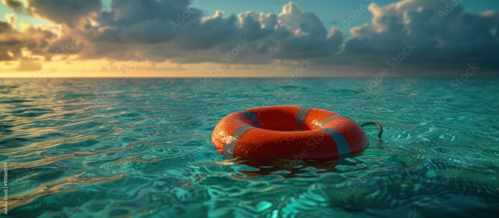 Obraz premium Lifebuoy Floating on Calm Ocean Water