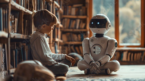 A child and a humanoid robot are sitting on the floor and talking together. Communication human with the robot. Modern technology and everyday life.
