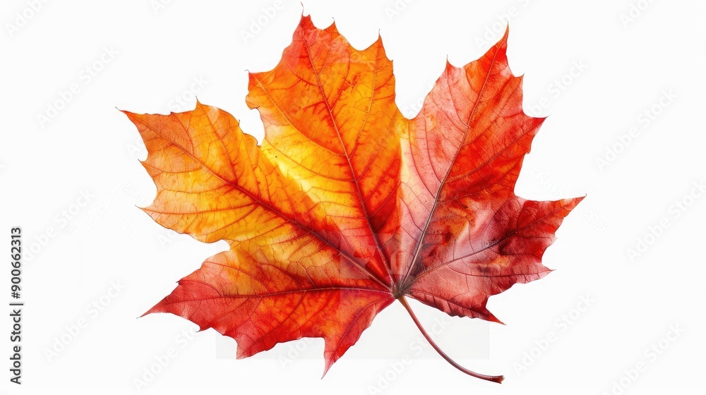A vibrant orange and red maple leaf, showcasing the beautiful colors of autumn foliage against a clean white background. A vibrant orange and red maple leaf, showcasing the beautiful colors of autumn foliage against a clean white background.