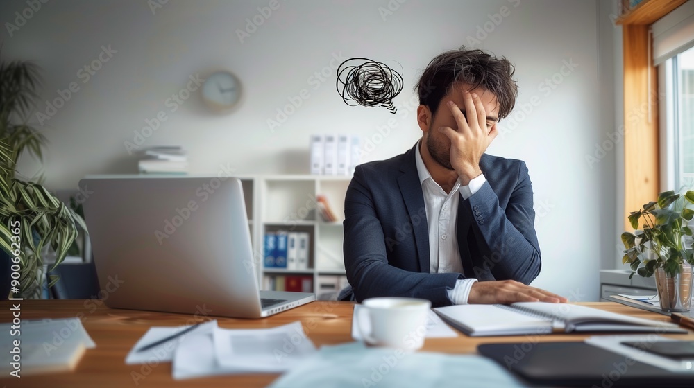 Businessman Working at Office, Feeling Sad and Stressed, Sick and Headache Businessman Working at Office, Feeling Sad and Stressed, Sick and Headache