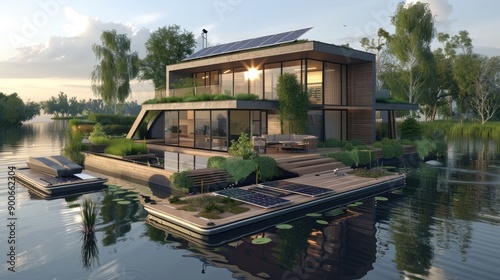 A beautiful home on a calm lagoon, solar cells arranged on the roof and floating platforms, emphasizing green living in a peaceful environt.nme photo