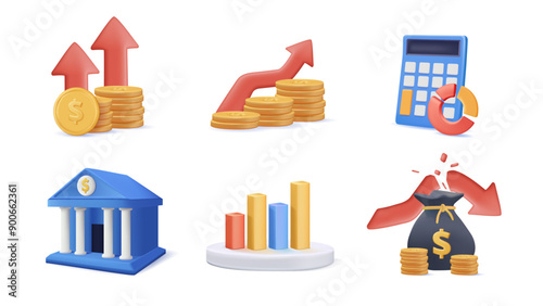 Vector Set of 3D Icons Related to investment strategy, trade service, finance management. 3D style Pictograms and Infographics Design Elements