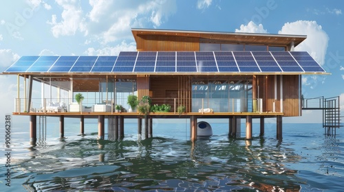 A contemporary house built on stilts over water, surrounded by solar panels, merging modern architecture with environmental consciousness. photo