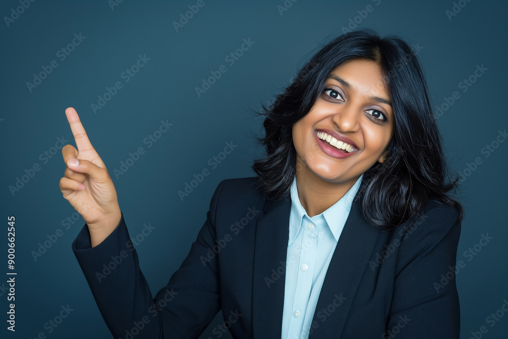 Confident Businesswoman Smiling and Pointing Upwards Against Blue Background Confident Businesswoman Smiling and Pointing Upwards Against Blue Background