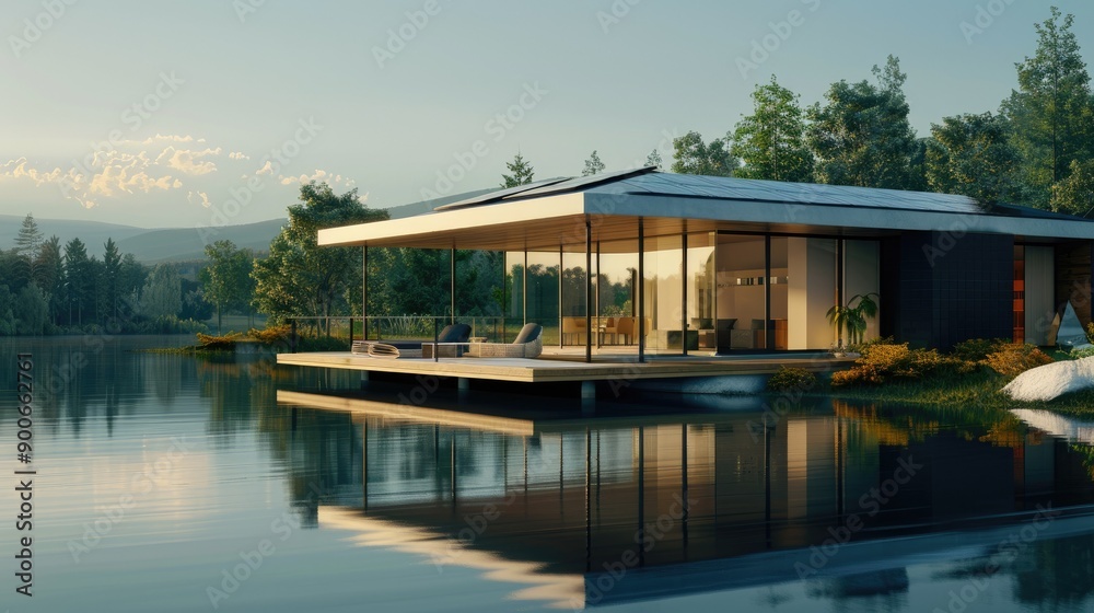 A modern house floating on a serene lake, surrounded by solar cells on the roof and around the property, blending sustainable living with natural beauty. A modern house floating on a serene lake, surrounded by solar cells on the roof and around the property, blending sustainable living with natural beauty.