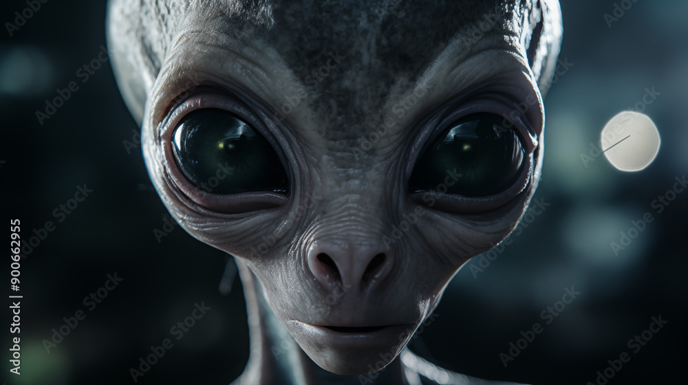 Close-Up Of An Alien With Large Black Eyes And Detailed Skin Texture Close-Up Of An Alien With Large Black Eyes And Detailed Skin Texture