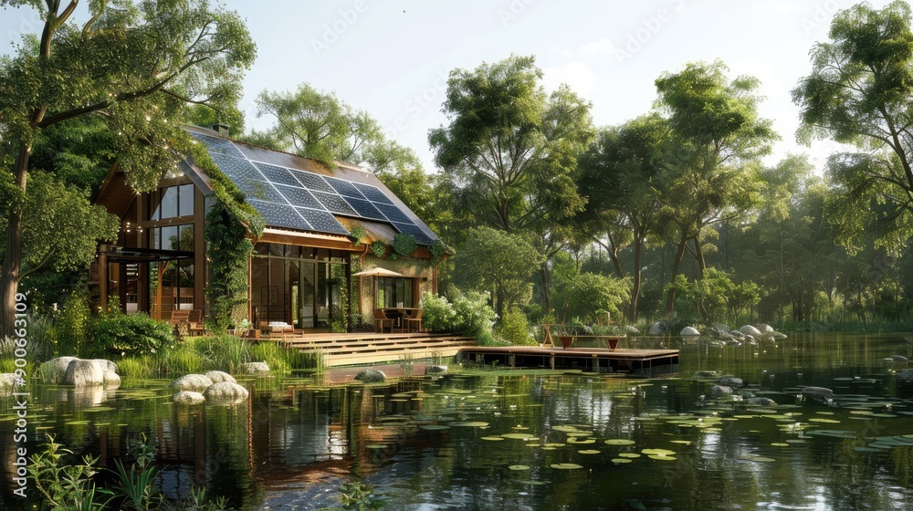 Obraz premium A scenic house on a pond, surrounded by lush greenery and solar cells, illustrating the integration of renewable energy in a picturesque setting.