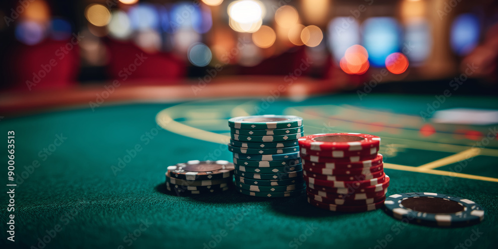 Poker Chips on Casino Table with Blurred Background   Gambling Night