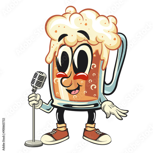 beer cartoon character retro vector design become a stand up comedian, work of hand drawn