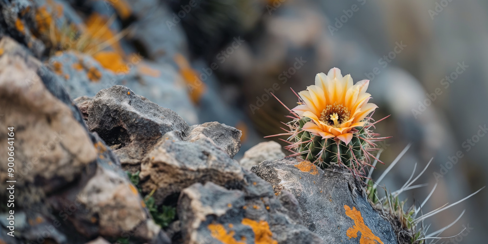 Solitary Blooming Cactus on Rocky Terrain in Natural Desert Landscape