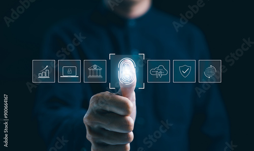 Futuristic biometric authentication technology concept. Man is touching a fingerprint scan with icons of secured access, data protection, network cyber security in digital interface. Internet banking, photo
