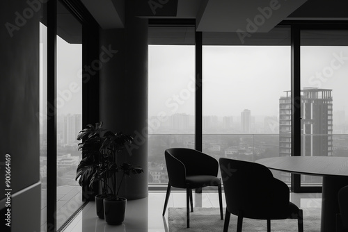 Modern Minimalist Office with Cityscape View Through Large Windows photo