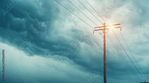 A dramatic sky filled with dark clouds looming over a solitary power pole, showcasing the tension before a storm.