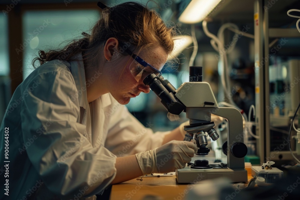 Female scientist examining samples under a microscope in a laboratory setting with intricate equipment and a focused expression Female scientist examining samples under a microscope in a laboratory setting with intricate equipment and a focused expression