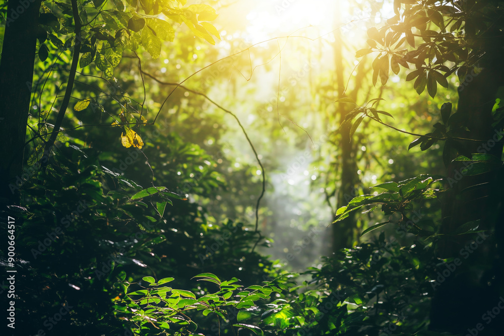 Obraz premium Sunlight Filtering Through Dense Tropical Forest Canopy in Early Morning