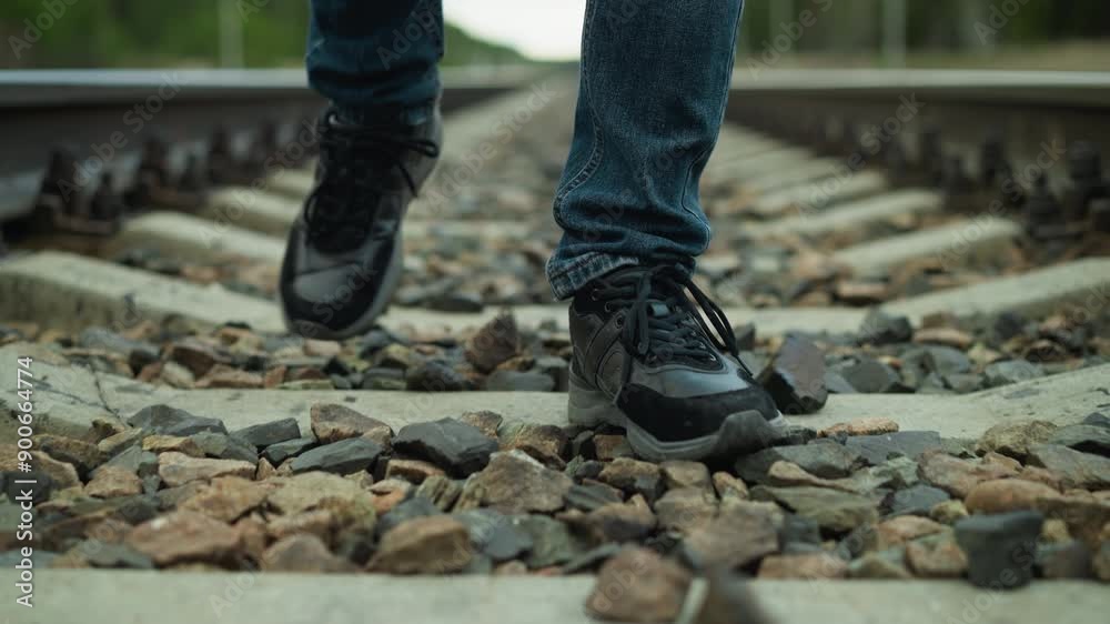 Close leg view of someone wearing jeans trousers and canvas shoes, walking on a railway with stones, the background includes a blur of trees and electric poles on either side Close leg view of someone wearing jeans trousers and canvas shoes, walking on a railway with stones, the background includes a blur of trees and electric poles on either side