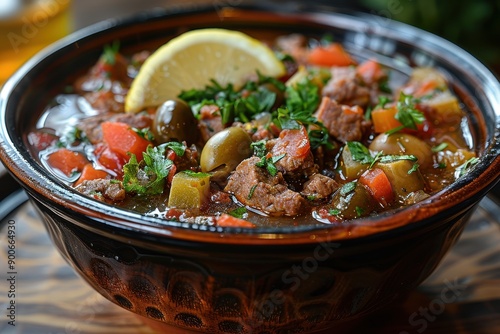 A bowl of solyanka, a hearty soup with a variety of meats, olives, pickles, and a slice of lemon on top. 