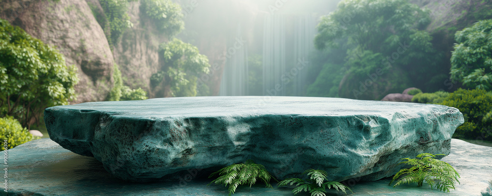 Rock podium stone forest background product 3D platform pedestal flat. Stone round rock podium display render green gray stand abstract wild nature space stage mockup cosmetic outdoor empty scene Rock podium stone forest background product 3D platform pedestal flat. Stone round rock podium display render green gray stand abstract wild nature space stage mockup cosmetic outdoor empty scene