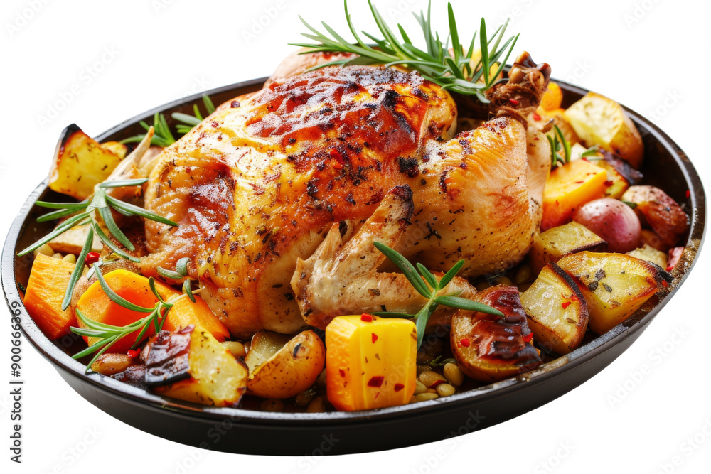 Roasted chicken in a skillet with vegetables Roasted chicken in a skillet with vegetables
