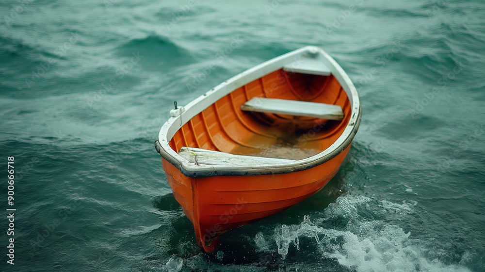 Orange row boat floating on choppy blue water. Orange row boat floating on choppy blue water.