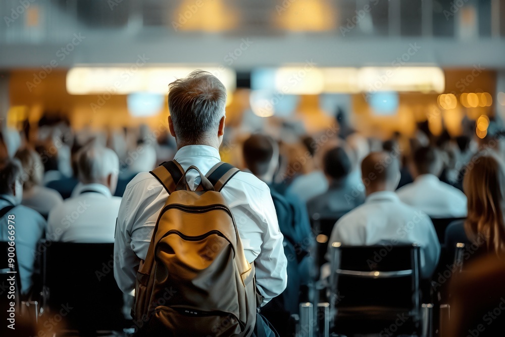 A man with a backpack attends a large conference, focused on the stage, surrounded by an audience seated on chairs, in a brightly lit hall. high quality. A man with a backpack attends a large conference, focused on the stage, surrounded by an audience seated on chairs, in a brightly lit hall. high quality.