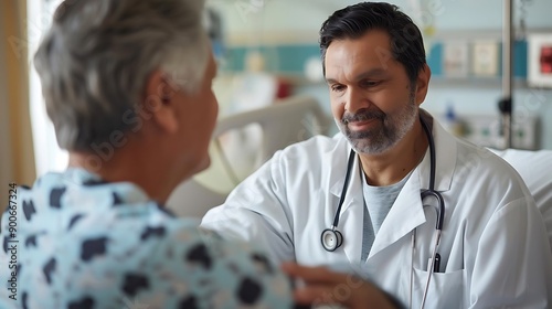 A doctor consulting a patient in a hospital room, providing compassionate care and support in a healthcare setting.