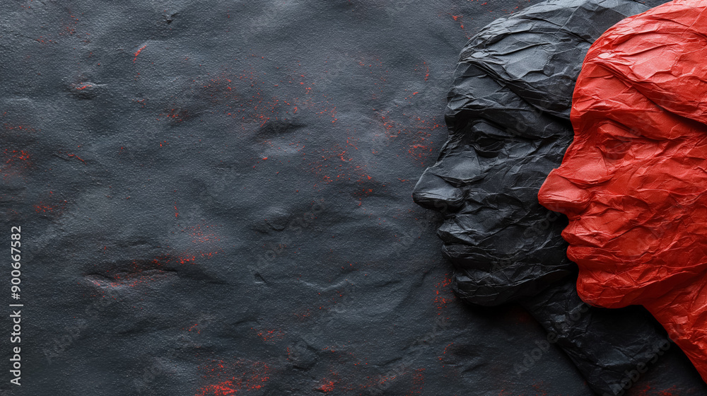 Abstract textured artwork with overlapping profiles of a red and black face against a dark background, showcasing contrast and artistic depth. Abstract textured artwork with overlapping profiles of a red and black face against a dark background, showcasing contrast and artistic depth.