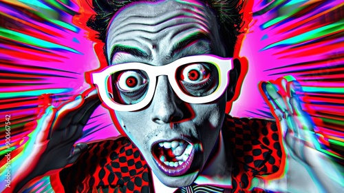 A man wearing glasses and with a shocked expression on his face. The guy screams in fright with his eyes bulging and his mouth wide open. Psychedelic plot with glitch effect in bright, colorful style.