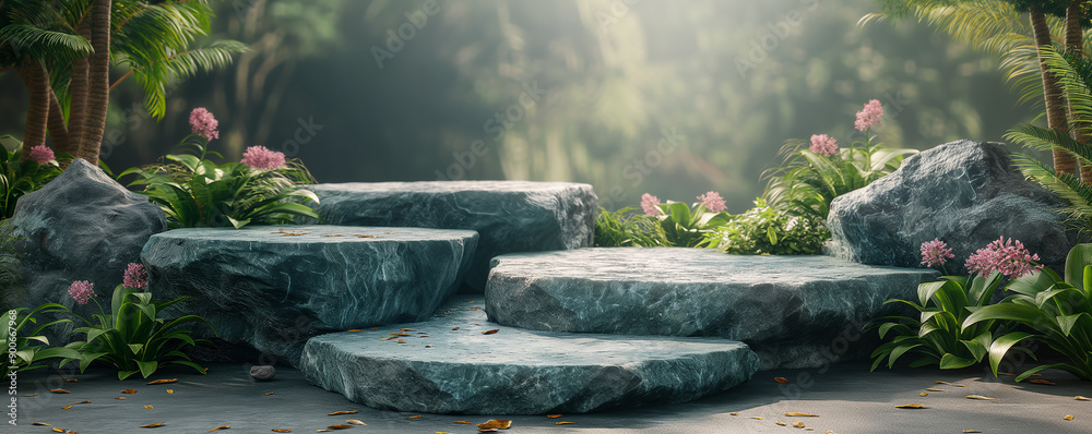 Rock podium stone forest background product 3D platform pedestal flat. Stone round rock podium display render green gray stand abstract wild nature space stage mockup cosmetic outdoor empty scene Rock podium stone forest background product 3D platform pedestal flat. Stone round rock podium display render green gray stand abstract wild nature space stage mockup cosmetic outdoor empty scene