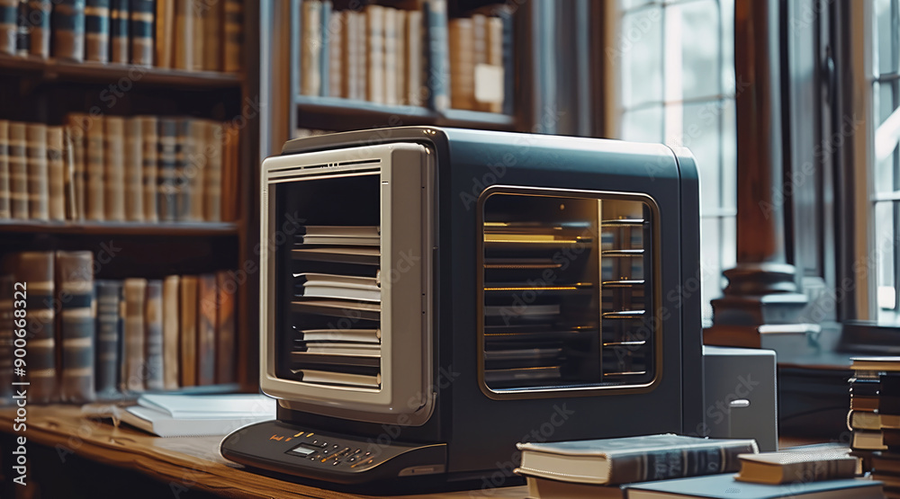A slick machine on a desk, its collects books and makes a document out of it. Generative AI. A slick machine on a desk, its collects books and makes a document out of it. Generative AI.