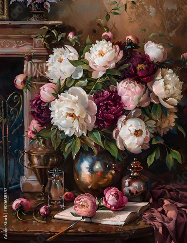 Kawaii Peony Bouquet on Writing Paper with JewelToned Palette and Velvety Textures