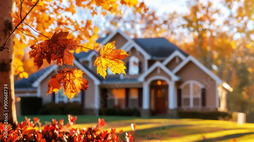 Beautiful suburban house in autumn with sunlit golden leaves. Warm, welcoming home exterior surrounded by fall foliage. high quality.