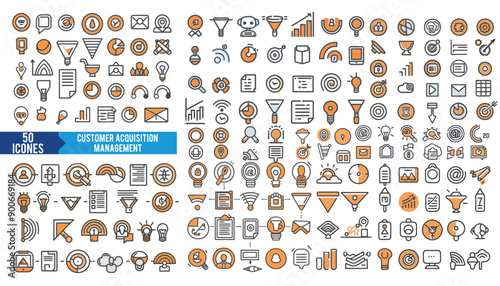 Customer acquisition management icon collection set. Containing retention, conversion, pipeline, lead generation, sales funnel, Financial Uptrend, Market Growth icon. Simple line vector.