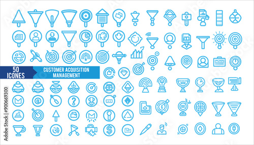 Customer acquisition management icon collection set. Containing retention, conversion, pipeline, lead generation, sales funnel, Financial Uptrend, Market Growth icon. Simple line vector.