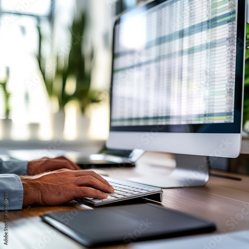 Business person working on computer analyzing financial data on a large screen in a modern office with natural light and plants. high quality.
