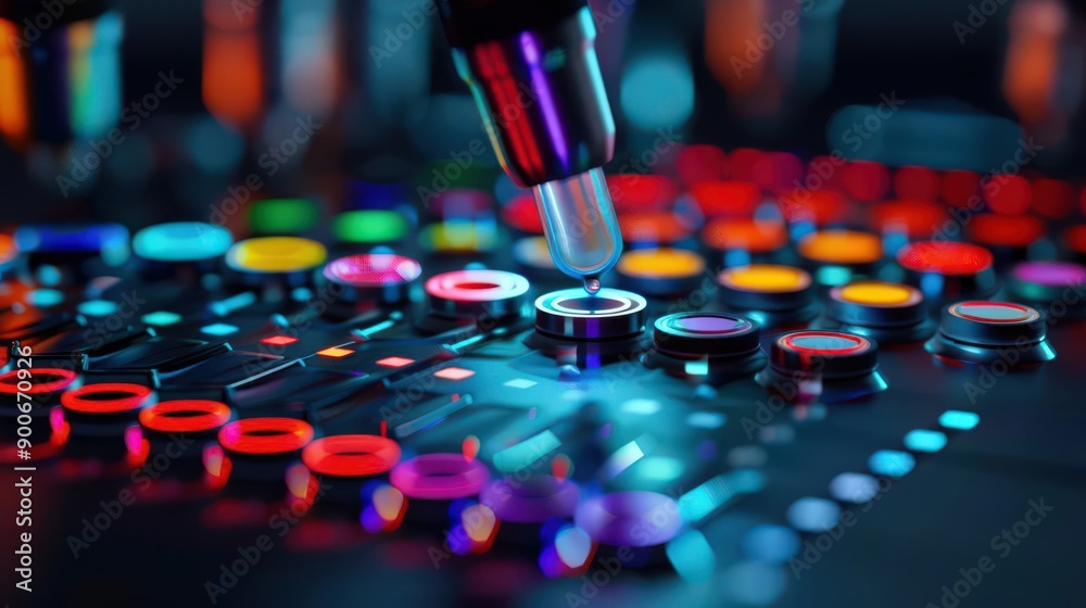 Close-up of a colorful sound mixing board with a dropper, showcasing vibrant buttons and dynamic lighting for audio production. Close-up of a colorful sound mixing board with a dropper, showcasing vibrant buttons and dynamic lighting for audio production.