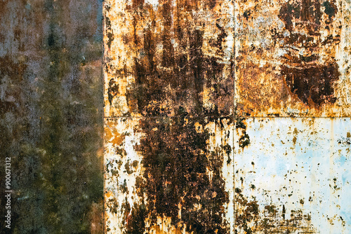 Artistic of old and rusty zinc sheet wall. Vintage style metal sheet roof texture. Pattern of old metal sheet. Rusting metal or siding. Corrosion of galvanized. Background and texture in retro concept photo